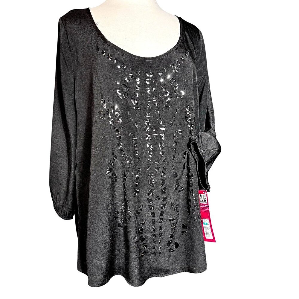 Xhilaration Women Black layered Sequin Top Size 2XL 3/4 length gathered sleeve